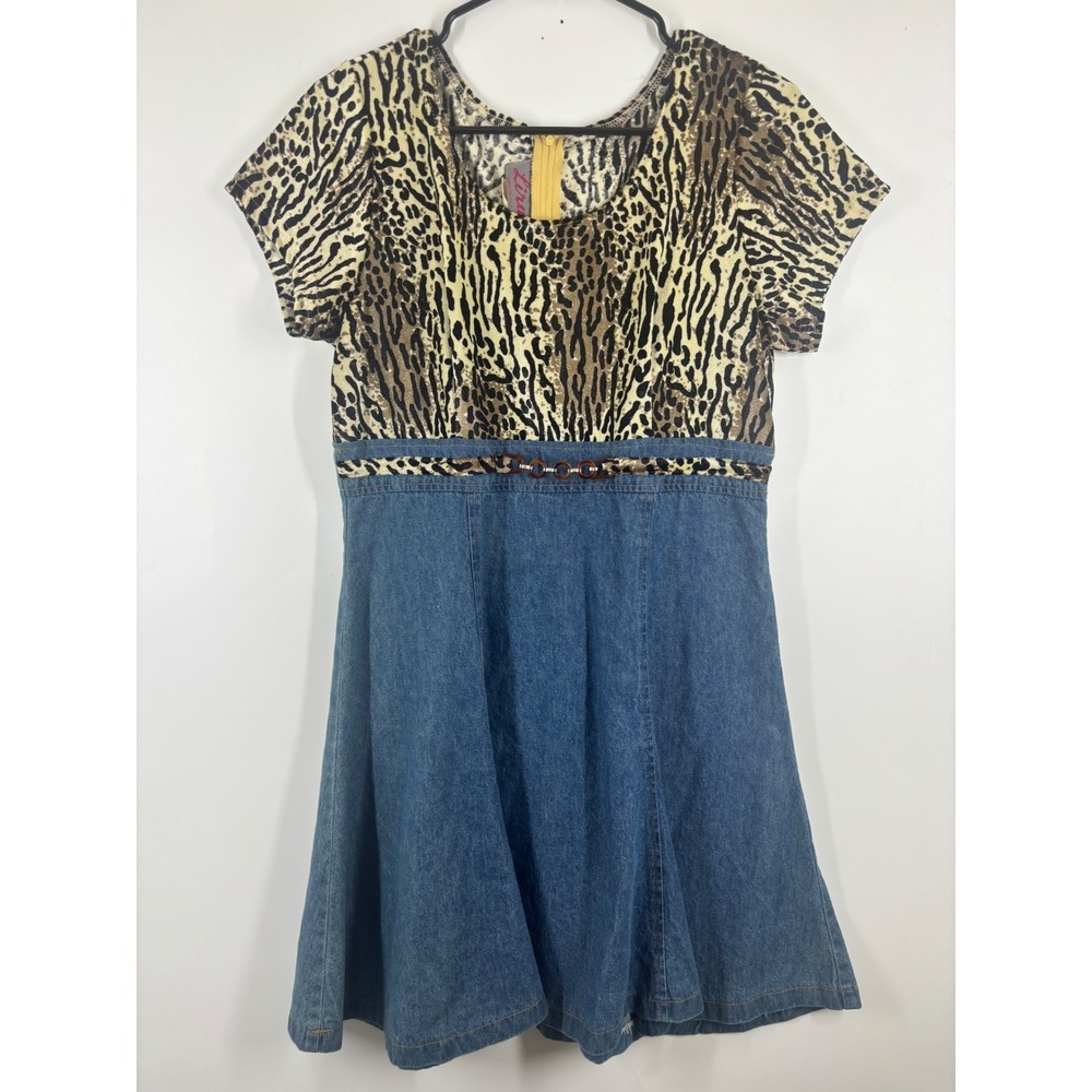 Lina Vintage Leopard Print Denim Y2K Mini Dress Blue Brown Short Sleeve Large